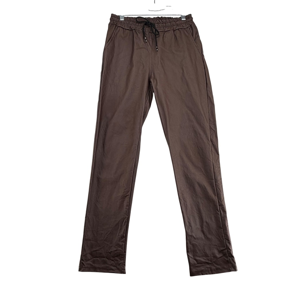 DKK Coated Faux Leather Pull On Drawstring Trousers Women S/M Brown Made Italy